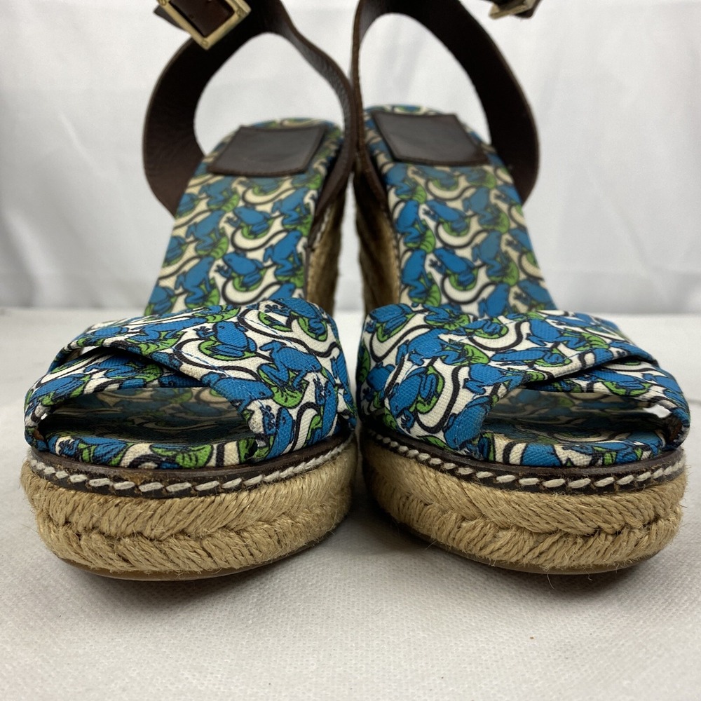 Tory Burch Frog Lilly Pad Graphic Print Espadrille Rope Wedges Size 6 - Picture 4 of 11